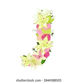 Graceful floral abc with white lilies, pink roses and butterflies. blossom letter J