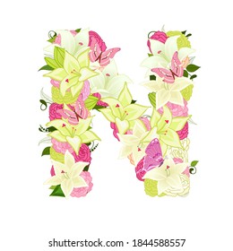 Graceful floral abc with white lilies, pink roses and butterflies. blossom letter N