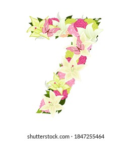 Graceful floral abc with white lilies, pink roses and butterflies. blossom number seven