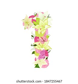Graceful floral abc with white lilies, pink roses and butterflies. blossom number one