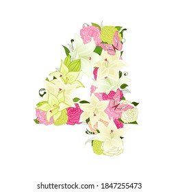 Graceful floral abc with white lilies, pink roses and butterflies. blossom number four