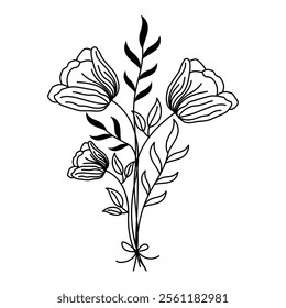 Graceful Floral Bouquet Line Art, Black and White Botanical Illustration with Ribbon, Blooming Flowers, Leaves, and Stems