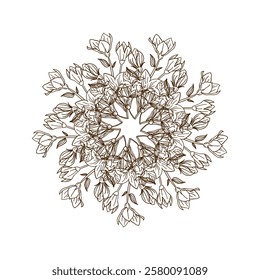 A graceful floral composition arranged in a nine-fold radial symmetry, creating a mesmerizing botanical mandala. Perfect for ornamental art, wedding stationery, and textile designs.