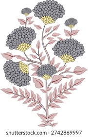 A graceful floral composition featuring layered grey chrysanthemum-style blooms with soft yellow centers, arranged on delicate branching stems with muted blush leaves, creating a balanced and sophisticated botanical look.