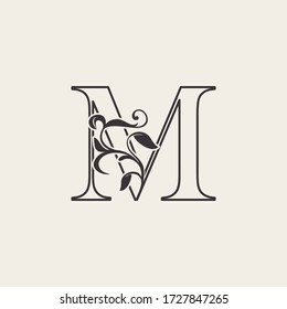 Graceful Floral Letter M Luxury Logo Icon . Outline simple beautiful logo. Vintage drawn alphabet in art nature leaf style.