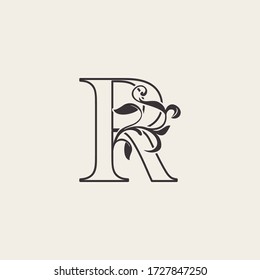 Graceful Floral Letter R Luxury Logo Icon . Outline simple beautiful logo. Vintage drawn alphabet in art nature leaf style.