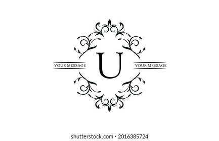 Graceful floral monogram for postcards, invitations, menus, labels. Graphic design of a page, business sign, boutique, cafe, hotel. Elegant logo with the letter U.