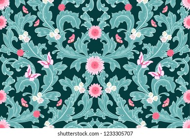 graceful floral pattern with pink butterflies and flowers. seamless background for your design 