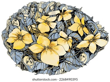 Graceful flower composition with female faces. Yellow and gray colors