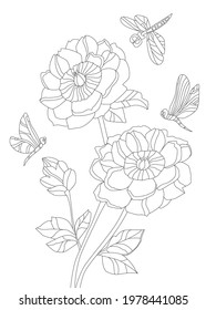 graceful flowers with dragonflies flying around for your coloring pages