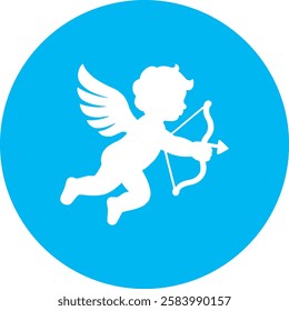 A graceful Flying Cupid icon with a clean white outline on a light Cambridge blue background. Elegant and timeless, symbolizing love, romance, and affection in a simple, modern design.