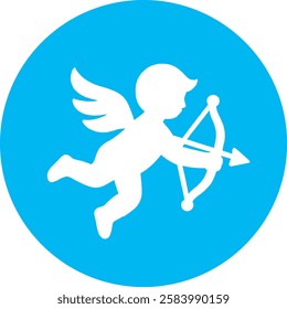 A graceful Flying Cupid icon with a clean white outline on a light Cambridge blue background. Elegant and timeless, symbolizing love, romance, and affection in a simple, modern design.