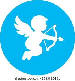 A graceful Flying Cupid icon with a clean white outline on a light Cambridge blue background. Elegant and timeless, symbolizing love, romance, and affection in a simple, modern design.