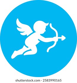 A graceful Flying Cupid icon with a clean white outline on a light Cambridge blue background. Elegant and timeless, symbolizing love, romance, and affection in a simple, modern design.