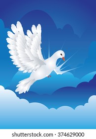 Graceful flying white pigeon, dove in the blue sky.