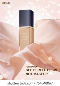 Graceful foundation ads, glass container with floating fabric in 3d illustration, glitter bokeh background Graceful foundation ads, glass container with floating fabric in 3d illustration, glitter bokeh background