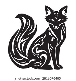 Graceful fox silhouette sitting upright adorned with detailed tribal style flourish ornaments artistic black vector.