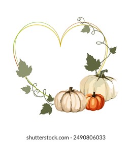 Graceful frame thin elegant design in form of heart. Autumn color palette. Decoration of large white and small orange pumpkins. Leaves, vines, lashes and curls. Vector illustration.