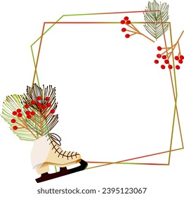 Graceful frame with white skate, branches of Christmas fir and red viburnum. Premium template for covers, invitations, congratulations, promotions, promotions, discounts, etc.