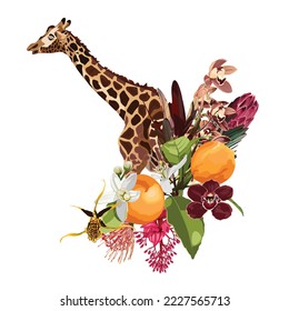 Graceful giraffe and tropical flowers, fruits and palm leaves composition. Elegant composition hand drawn style print for t-shirts.