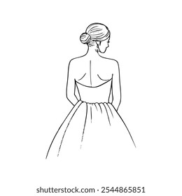 graceful girl in bustier dress stands with her back turned, faceless - hand drawn line art sketch