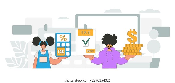 Graceful girl and guy demonstrate paying taxes. An illustration demonstrating the correct payment of taxes.