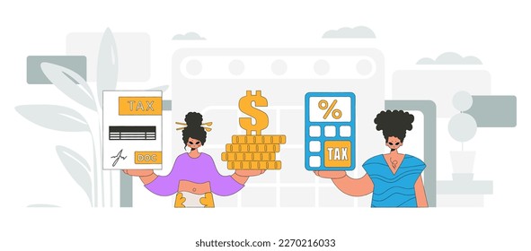 Graceful girl and guy demonstrate paying taxes. Graphic illustration on the theme of tax payments.