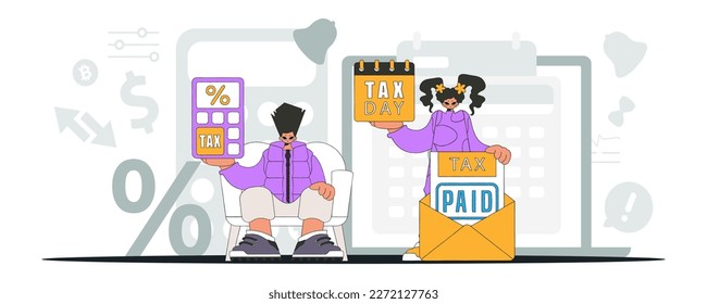 A graceful girl and a guy are engaged in paying taxes. Graphic illustration on the theme of tax payments.