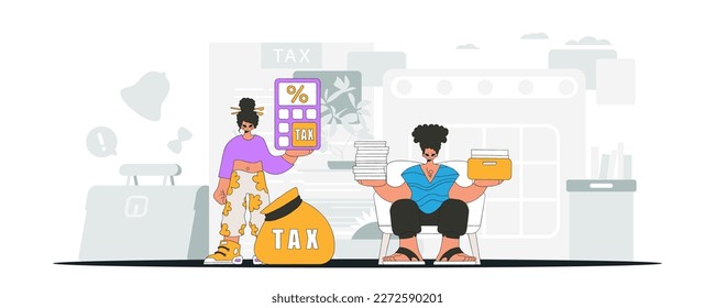 A graceful girl and a guy are engaged in paying taxes. An illustration demonstrating the importance of paying taxes for economic development.