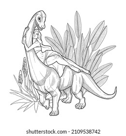 Graceful girl lying on a brachiosaurus with an exotic plants as a background. Prehistoric world of dinosaurs. Vector line graphics for coloring books