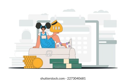 Graceful girl rerzhit bag with taxes in her hand. An illustration demonstrating the importance of paying taxes for economic development.