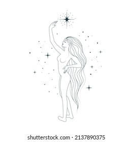 Graceful goddess against the  backdrop of starry sky. Celestial hand drawn  women line art.  Vector illustration for greeting card, tattoo or poster.