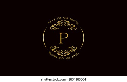 Graceful gold monogram design template on black background. Elegant logo with P sign for royalty, business card, boutique, hotel, heraldic, jewelry.
