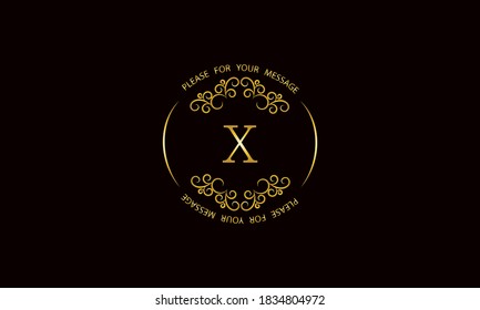 Graceful gold monogram design template on black background. Elegant logo with X sign for royalty, business card, boutique, hotel, heraldic, jewelry.