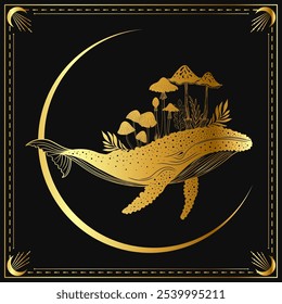 A graceful golden whale swims below a crescent moon, carrying a vibrant  of mushrooms and foliage on its back. This enchanting scene blends nature with fantasy.