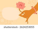 Graceful hand of Buddha with a lotus flower on a light orange background. Mudra, religious symbol, meditation. Copyspace for your text, frame, card for buddhist holiday.