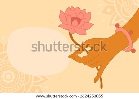 Graceful hand of Buddha with a lotus flower on a light orange background. Mudra, religious symbol, meditation. Copyspace for your text, frame, card for buddhist holiday.