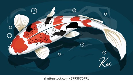 A graceful hand drawn digital art Nishikigoi or Koi fish glide among dark blue ripples, surrounded by soft water bubbles. National Koi Day, July 7th.