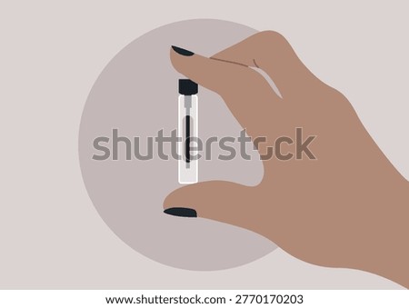 A graceful hand elegantly holds a small, clear vial contaiining a perfume sample, reflecting light and shadows against a muted background, This artwork emphasizes simplicity and beauty.