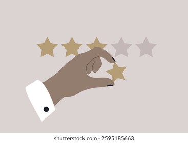 A graceful hand holds a golden star amidst several muted stars, symbolizing the act of rating in a stylish and contemporary setting filled with potential reflections on quality