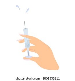 
La mano elegante sujeta una jeringa. 
Vector aislado en blanco.