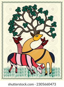 Graceful Harmony: Madhubani Deer Couple in Kalighat Style. Whimsical Wildlife: Kalighat Madhubani Deer Artistry.  Madhubani art, Contemporary Art, Indian Paintings, Wall Paintings.