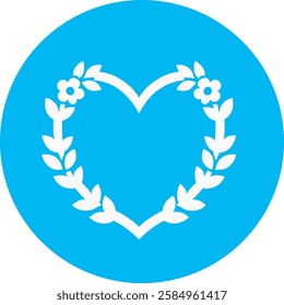 A graceful Heart-shaped Wreath icon in pure white on a light Cambridge blue background. Elegant and delicate, symbolizing love, unity, and warmth with a modern, minimalist design.