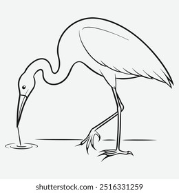 Graceful Heron Bird Eating Detailed Line Art Illustration