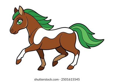  Graceful horse running in a field, vector illustration with gray, white, pink, blue, and yellow