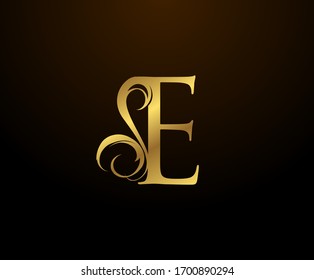 Graceful Initial E Gold Letter logo. Vintage drawn emblem for book design, weeding card, brand name, business card, Restaurant, Boutique, Hotel. 