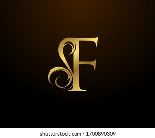 Graceful Initial F Gold Letter logo. Vintage drawn emblem for book design, weeding card, brand name, business card, Restaurant, Boutique, Hotel. 