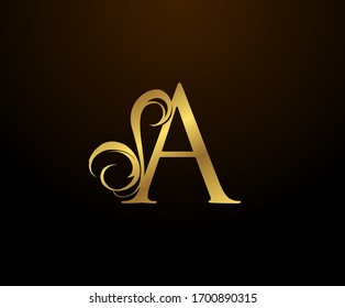 Graceful Initial A Gold Letter logo. Vintage drawn emblem for book design, weeding card, brand name, business card, Restaurant, Boutique, Hotel. 