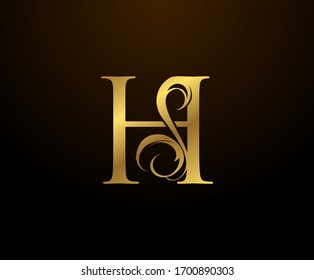 Graceful Initial H Gold Letter logo. Vintage drawn emblem for book design, weeding card, brand name, business card, Restaurant, Boutique, Hotel. 