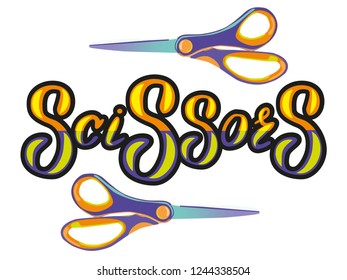 The graceful inscription of the word scissors. Lettering word scissors with two pairs of scissors. The words scissors are cut in color into two parts. For advertising shear. 